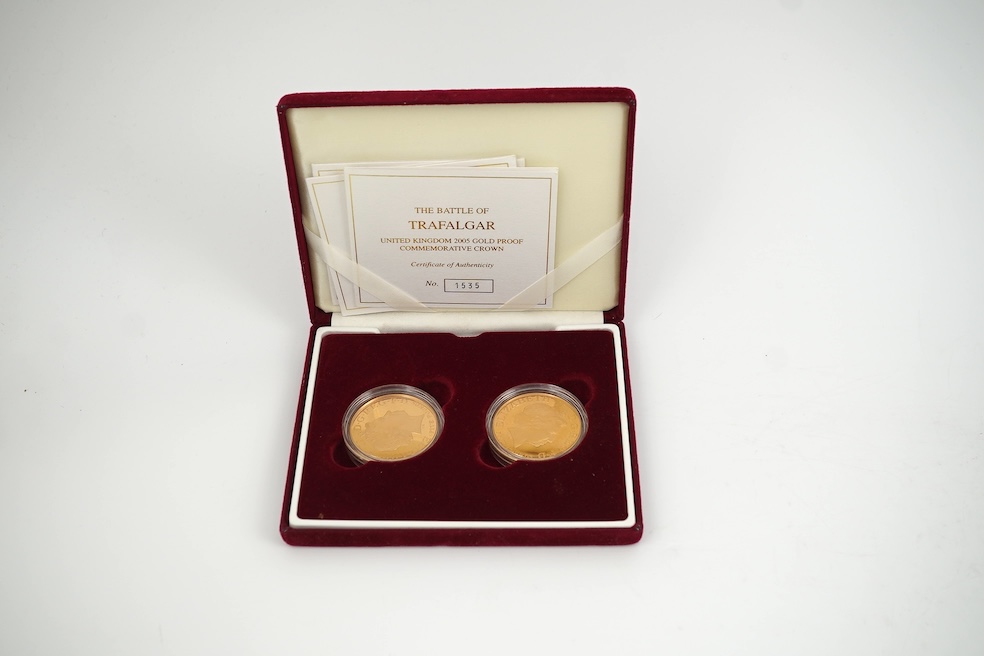 British gold coins, Elizabeth II, UK 2005 gold proof commemorative two crown set, commemorating 200th anniversary Nelson-Trafalgar, 21 October 1805, in case of issue with certificate